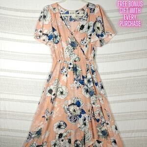 Ella Mara Peach Blue Floral Maxi Dress Short Sleeve Size S